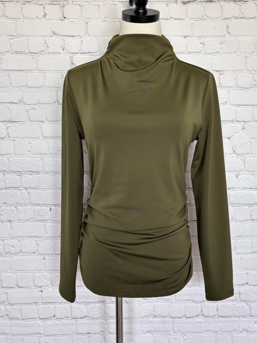 KENNETH COLE Long Sleeve Olive Green Open Back Ruched Mock Neck Top--NWT--M
